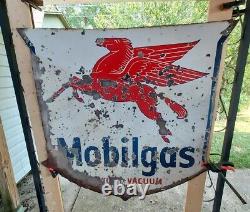 Vintage Antique Mobilgas Double Sided Porcelain Pegasus Shield Sign WOW