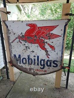 Vintage Antique Mobilgas Double Sided Porcelain Pegasus Shield Sign WOW