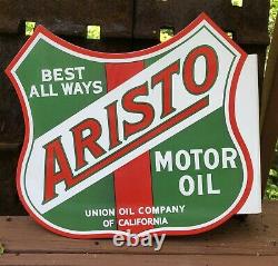 Vintage Aristo 13.5 Porcelain Sign Gas Station Double Sided Flange Union Oil