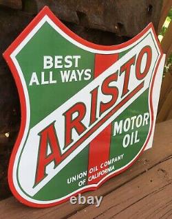 Vintage Aristo 13.5 Porcelain Sign Gas Station Double Sided Flange Union Oil