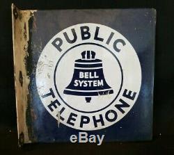 Vintage BELL SYSTEM PUBLIC TELEPHONE 11x11 Double-Sided Flanged Porcelain sign