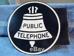 Vintage BELL SYSTEM PUBLIC TELEPHONE PHONE Double-Sided Metal FLANGE SIGN