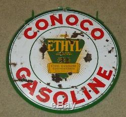Vintage Conoco Ethyl Gasoline Double Sided 30 Porcelain Sign