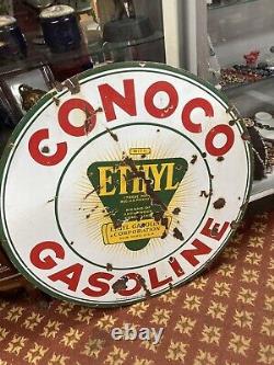 Vintage Conoco Porcelain Double Sided Metal Sign 30 Curbside Lollipop Rare Gas