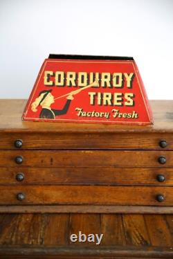 Vintage Corduroy Tire Display Stand Service Station Metal Sign RARE gas oil red