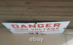Vintage Danger High Voltage Underground Cable Double Sided Porcelain Sign