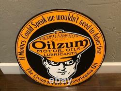 Vintage Double Sided 24 Oilzum Motor Oil & Gas Porcelain Enamel Sign