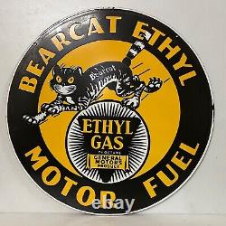 Vintage Double Sided Bearcat Ethyl Gas & Motor Fuel Porcelain Enamel Sign