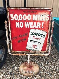 Vintage Double Sided CONOCO Curb SIGN in Original Frame & Base SUPER MOTOR OIL