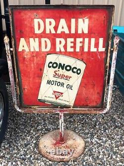Vintage Double Sided CONOCO Curb SIGN in Original Frame & Base SUPER MOTOR OIL