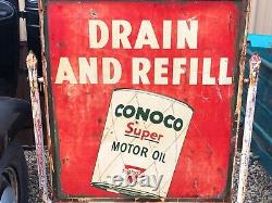 Vintage Double Sided CONOCO Curb SIGN in Original Frame & Base SUPER MOTOR OIL