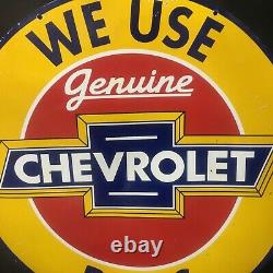Vintage Double Sided Chevrolet Genuine Parts Gas and Oil Porcelain Enamel Sign