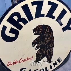 Vintage Double Sided Grizzly Gasoline & Oil Porcelain Enamel Sign