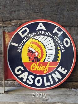 Vintage Double Sided Idaho Chief Gasoline Porcelain Flange Sign 17.5 X 17