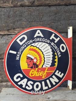 Vintage Double Sided Idaho Chief Gasoline Porcelain Flange Sign 17.5 X 17