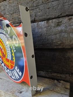 Vintage Double Sided Idaho Chief Gasoline Porcelain Flange Sign 17.5 X 17