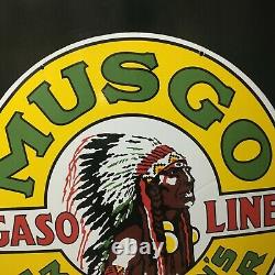 Vintage Double Sided Musgo Gasoline & Oil Porcelain Enamel Sign