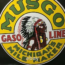 Vintage Double Sided Musgo Gasoline & Oil Porcelain Enamel Sign