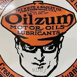 Vintage Double Sided Oilzum Motor Oil & Gas Porcelain Enamel Sign