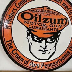 Vintage Double Sided Oilzum Motor Oil & Gas Porcelain Enamel Sign