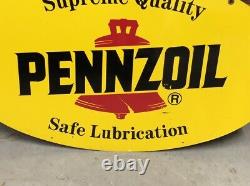 Vintage Double Sided PENNZOIL SAFE LUBRICATION Sign Display Gas Oil Station Car