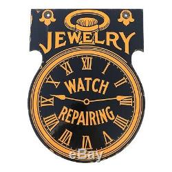 Vintage Double Sided Porcelain Watch Repair Jewery Sign Antique RARE Heavy Steel