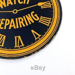 Vintage Double Sided Porcelain Watch Repair Jewery Sign Antique RARE Heavy Steel