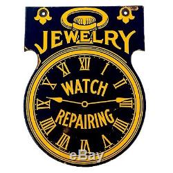 Vintage Double Sided Porcelain Watch Repair Jewery Sign Antique RARE Heavy Steel