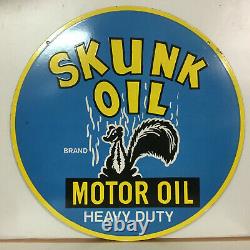 Vintage Double Sided Skunk Motor Oil & Gas Porcelain Enamel Sign