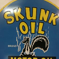 Vintage Double Sided Skunk Motor Oil & Gas Porcelain Enamel Sign