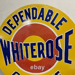 Vintage Double Sided Whiterose Dependable Gasoline & Oil Porcelain Enamel Sign