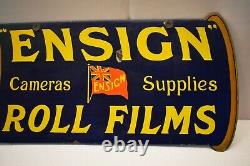 Vintage ENSIGN Roll Films Sign Board Porcelain Enamel Double Sided Die Cut Rare