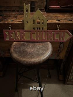 Vintage E & R CHURCH OF CHRIST Metal Advertising SIGN Double Sided