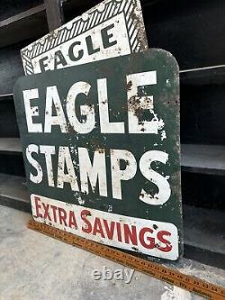 Vintage Eagle Stamp Heavy Metal Painted Double Sided Sign Original Advertisement