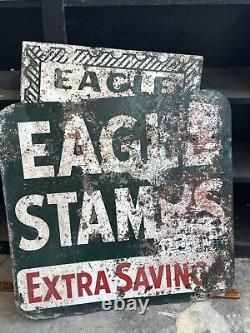 Vintage Eagle Stamp Heavy Metal Painted Double Sided Sign Original Advertisement