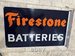 Vintage FIRESTONE BATTERIES PORCELAIN FLANGE SIGN Original Tire AC Rare Glossy