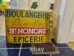 Vintage French Hand-Painted Tole Boulangerie Epicerie Double-Sided Sign