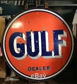 Vintage GULF Gas Station DEALER 66 PORCELAIN DOUBLE SIDED ROUND SIGN W Bracket