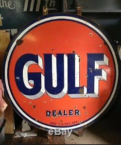 Vintage GULF Gas Station DEALER 66 PORCELAIN DOUBLE SIDED ROUND SIGN W Bracket