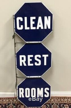 Vintage Gas Station Clean Rest Rooms Double Sided Porcelain Enamel Flange Sign