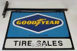 Vintage Goodyear Tire Sales Dealer Double Sided Metal Sign with Bracket Man Cave