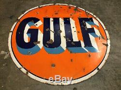 Vintage Gulf 42 Metal Sign Antique Double Sided Garage Man Cave Porcelain