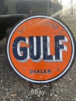 Vintage Gulf Dealer Sign 66 Double Side Porcelain in Bracket