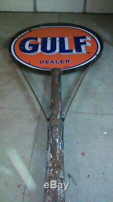 Vintage Gulf Dealer sign & pole. Double sided porcelain. Gas station. Original