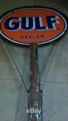 Vintage Gulf Dealer sign & pole. Double sided porcelain. Gas station. Original