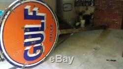 Vintage Gulf Dealer sign & pole. Double sided porcelain. Gas station. Original