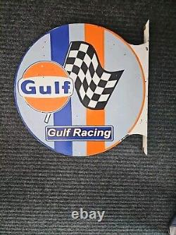 Vintage Gulf Gasoline Racing Double-sided Flange Porcelain Gas Sign