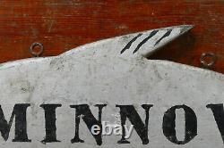 Vintage Hand Painted MINNOWS Double Sided Diecut Wood Advertising Sign Folk Art