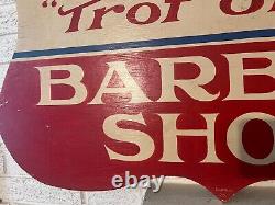 Vintage Joe Paul's Trot On In barber shop sign Wood Double Sided Signed