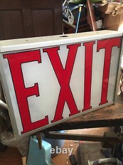 Vintage Lighted Exit Sign Metal Casing Glass Panel Double Sided Reverse Painted